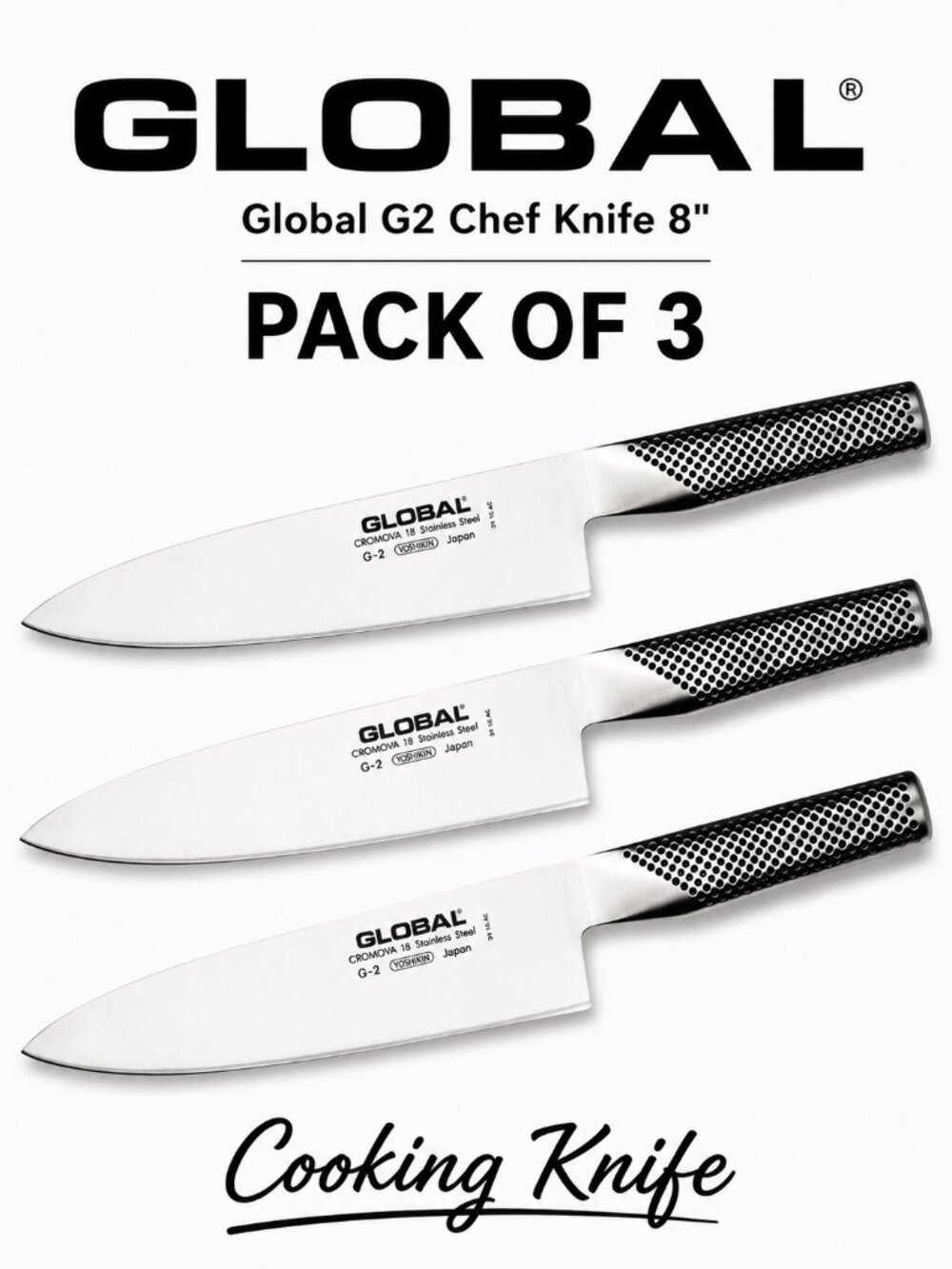 Global G-2 8-Inch Cook’s Knife, 20cm Stainless Steel Chef’s Knife Pack of 3